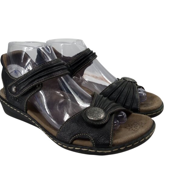 Taos Escape Black Leather Wedge Comfort Sandals Size 40 US 9-9.5 Adjustable - Picture 1 of 14